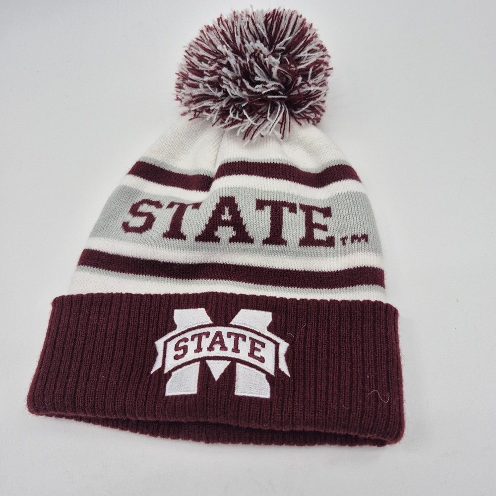 Adidas Mississippi State Bulldogs Mens OSFA Maroon White Striped Pom Beanie